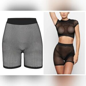 Skims Perforated Fishnet Shorts | Small | Black | NWT